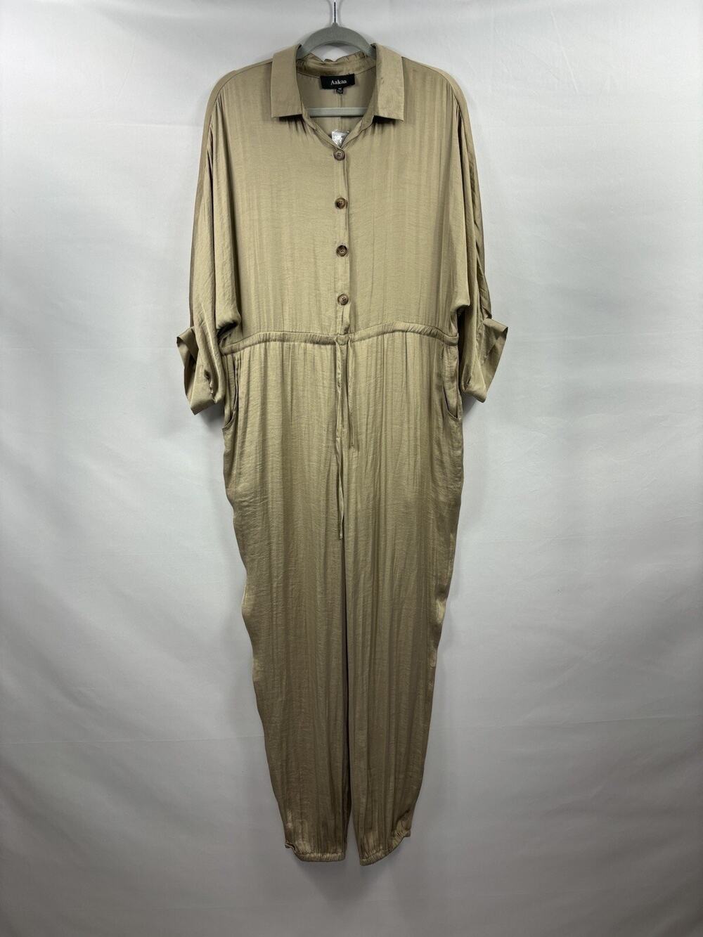 NWT Aakaa Vintage Gold Jumpsuit Khaki Shimmer Size Medium Satin Drawstring Waist